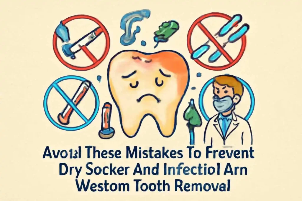 An informative graphic highlighting common mistakes to avoid, such as smoking, using straws, and improper aftercare, to prevent dry socket and infection after wisdom tooth extraction.